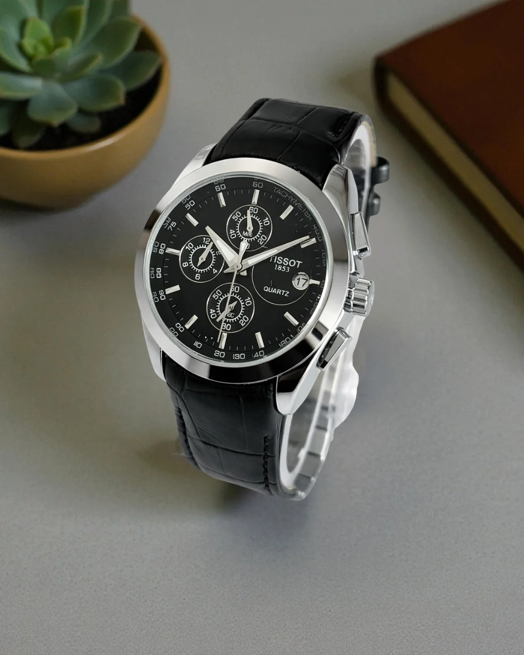 Tissot 1853 Black Leather Strap Silver Bezel Black Dial