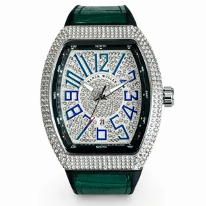 Franck Muller Vanguard Diamond Edition Green Strap Silver Bezel White/blue Dial